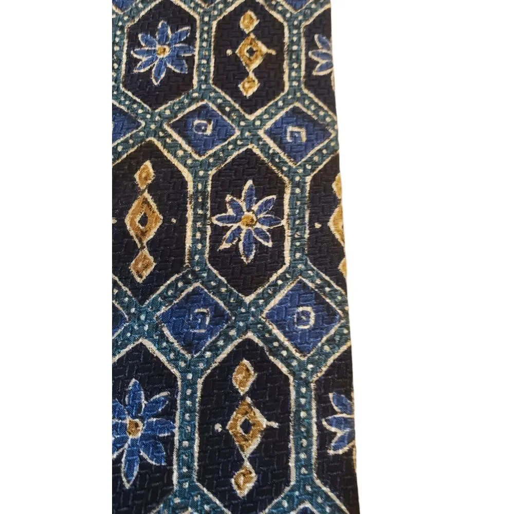 Etro Neck Tie Mens Italian Luxury‎ Blue Navy Tan Floral Silk Made in USA Office